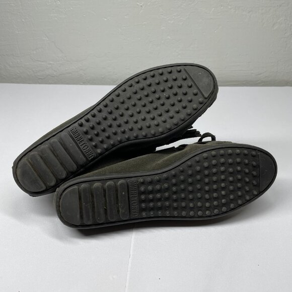 Minnetonka Size 7 Gray Tweed Kitty Moccasin Suede Leather Fringe Rubber Sole - Picture 8 of 9